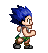 Pixel art character with blue spiky hair, white tank top, green shorts, and gray shoes in multiple running poses against a light gray background.