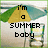 Pixelated beach scene with yellow-green umbrella and two lounge chairs, text changes from 'i'm a SUMMER baby' to 'take that, yasmin' across frames.