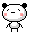 Pixelated cartoon panda with black ears, pink cheeks, and a white body in six distinct poses against gray background.