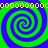 A pixelated spiral pattern with alternating green and blue bands, topped by a of yellow square pixels on a blue background