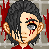 Pixelated character with dark hair and red streaks on face, wearing red shirt against brick wall background.