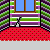 Pixel art scene showing a dorm room with striped wallpaper, red carpet, and blue couches alongside stain remover bottles with text overlays.