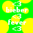 Green background with yellow circular shapes and white text reading 'bieber', '<3', and 'fever' in pixelated font.