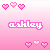 Pixelated pink heart icons and the name 'ashley' in white pixel font on a gradient pink background, with subtle color variations between frames.