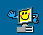 Pixel art animation of a smiling computer monitor with waving hands on blue background, displayed as 6-frame contact sheet.