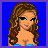 Pixel art contact sheet showing six frames of an animated buddy icon with a cartoon woman, clothing items, and text phrases on blue backgrounds.
