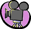 Two side-by-side circular icons with a gray background, each featuring a cartoon film camera on a tripod against a purple backdrop with stars.