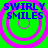 Four identical display blue text 'SWIRLY SMILES' over green backgrounds with pink concentric circles, each showing a slightly different frame of the animation