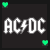 Two side-by-side animated frames of a pixelated AC/DC logo icon with heart symbols changing color between green and white on black background.