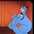 A pixelated contact sheet showing two frames of an animated icon featuring a blue genie character against an orange background and green text reading "Original Icons .com".