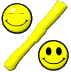 Animated contact sheet of four yellow smiley faces and yellow cylindrical objects on gray background, each frame showing different facial expressions and object positions.