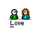 Animated sequence showing two cartoon figures with speech bubbles and a ball icon, each labeled 'Love' below.