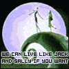 Four show animated characters from The Nightmare Before Christmas with text overlays, featuring Jack and Sally dancing under a moon