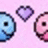 Pixelated image with two cartoon faces, a purple heart, and pink text on pastel backgrounds.