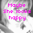A grayscale image of a person with short hair, overlaid with bright pink text in four sections.