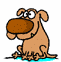 Brown cartoon dog with large brown nose, wide eyes, and blue feet sits upright holding a brown object in its mouth.
