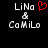 Pixelated text 'LiNa & CoMiLo' on black background with red heart symbol above the ampersand in left view.