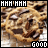 nine identical chocolate chip cookies with visible text 'GOOD' and partial pixelated text above each cookie