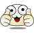 Pixelated cartoon character with large white eyes and black pupils, red mouth, beige body, two thumbs-up hands, gray background.
