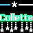 Animated sequence of 'Collette' text in repeating color cycles with star and dot patterns on black background.