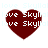Four identical red heart-shaped icons with white text reading 'love Skyll' repeated twice inside each heart, arranged in a on a white background