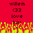 Red background with black text 'willem', '<33', 'love', 'luv' and yellow-orange pixelated flames at the bottom.