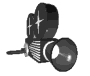 Black-and-white animated icon of a vintage movie camera with rotating lens, alternating between two states: one showing the 'X' symbol on its side and another showing the '+' symbol.