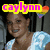 A pixelated image of a person in a light blue dress with white patterns, featuring changing text labels and a rainbow heart symbol.