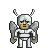 Pixel art character with silver armor, two horn-like protrusions, and large gray wings, standing against a solid gray background.