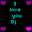 Pixelated text and heart icons arranged in a on black background, with cyan text reading "I love you Dj" and purple/pink hearts