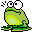 Pixelated green frog-like creature with large white eyes, yellow belly patch, and black outlines on a transparent background.
