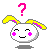Pixelated bunny head with yellow-pink ears, pink cheeks, and a smile; two versions show question marks above the head while others display ear positions.