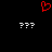 Red pixelated heart shape above two white question mark clusters on black background.