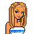 Pixel art icon of a blonde woman with blue eyes wearing a white crop top and black choker, holding a microphone against gray background.
