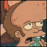 Cartoon character with light brown skin, balding head, and brown sideburns holding a green bottle near mouth.