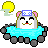 Pixel art of a white dog-like character with pink ears and blue headband, floating in cyan water surrounded by gray rocks under yellow suns.