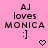 Pink background with black pixelated text reading AJ loves MONICA :], two heart symbols below the text.