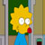 Pixelated cartoon character with spiky yellow hair, white eyes with small pupils, red lips, and blue clothing against a green background.