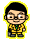Pixelated cartoon character with black hair, glasses, yellow checkered outfit, green tie, and gray shoes against a light gray background.