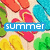 Pixelated beach scene with colorful flip-flops on sand and a colored 'summer' text banner changing across frames.