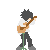 Pixelated character with dark spiky hair plays brown electric guitar, wearing white shirt and dark pants, standing on gray platform against solid gray background.