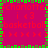 Pixelated icon with repeating text and symbols on magenta background bordered by green squares.