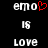 A black background displays two side-by-side pixelated text arrangements with a red heart symbol replacing the 'o' in 'emo', each followed by '$' and 'LOVE'.