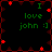 Pixelated text reads "I love john :)" in green on black, surrounded by red star and diamond shapes.