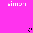 Pixelated text 'simon' appears twice on a bright pink background with two black heart symbols below.