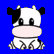 Pixelated cow with black-and-white patches sits against blue background, next to white displaying "Ho! Ho!!" in blue text