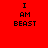 Red and black pixelated text "I AM BEAST" appears in two distinct color schemes across a split background.
