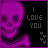 Purple skull with glowing eyes and a wide grin against black background, text "I LOVE YOU" in gray and pink pixelated font.