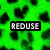 Green background with black abstract shapes and three text labels: REDUSE, REUSE, RECYCLE in white pixelated font on black rectangles.