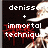Pixelated image with dark background showing partial figure wearing light-colored hat, red dripping text, and white text reading 'deniss + immortal techniqu' in top-left.